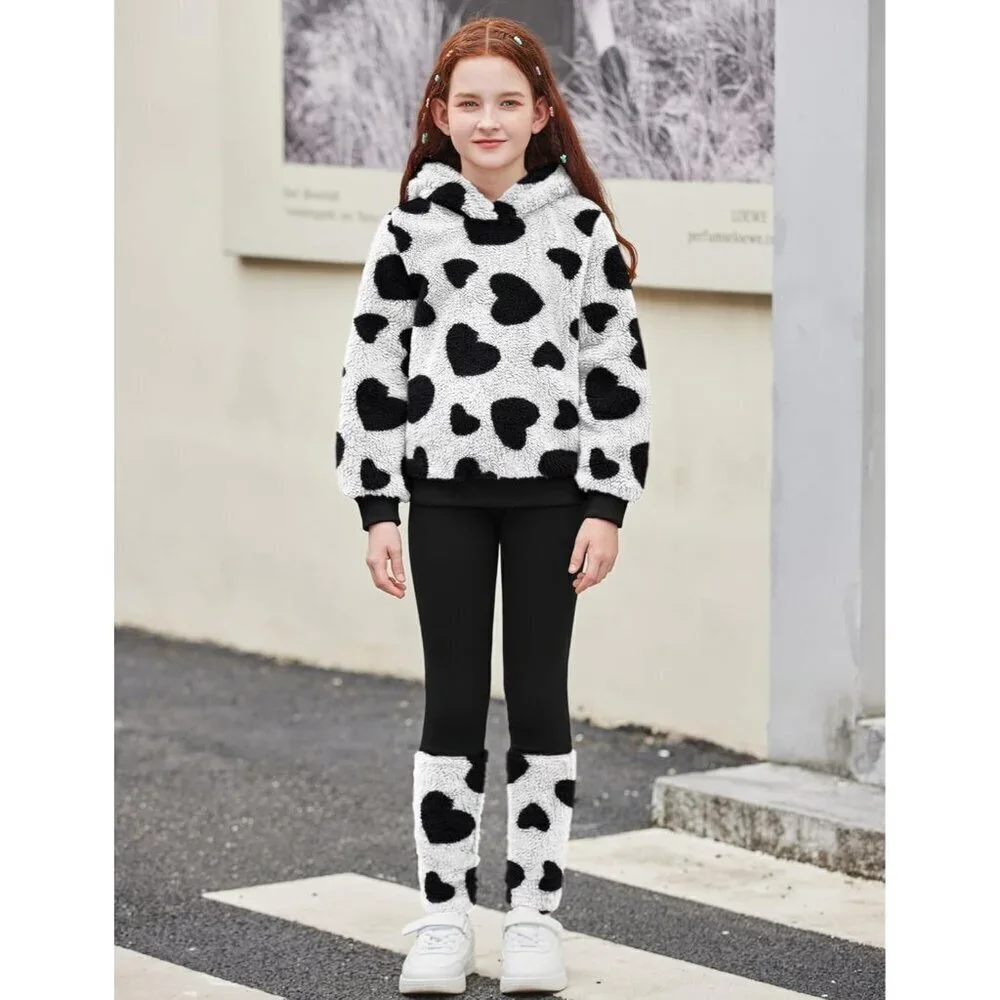 Arshiner Girls 2 Piece Outfits Fuzzy Long Sleeve Hoodie Sweatshirts and Patchwor